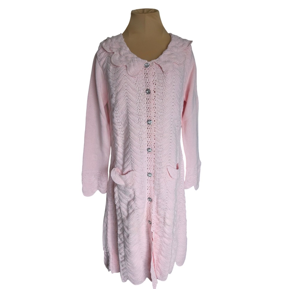 VTG Storybook Knits Pink Crochet Knit Duster Cardigan Sweater M Scallop Coquette